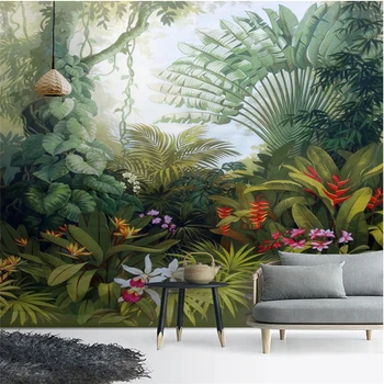Custom kvaliteetne tapeet seinamaaling käsitsi maalitud troopiliste vihmametsade taimede maastiku taustal seina 3d tapeet - Pilt 1  