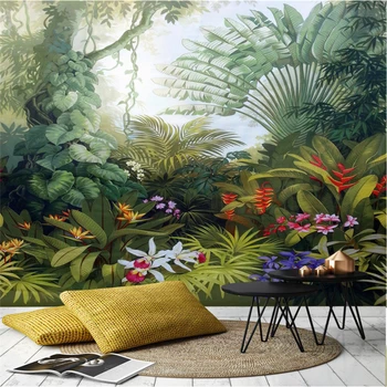 Custom kvaliteetne tapeet seinamaaling käsitsi maalitud troopiliste vihmametsade taimede maastiku taustal seina 3d tapeet - Pilt 2  