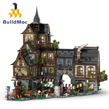 BuildMoc Retro Keskaegse Linna Keskus Lossi Ehitusplokid Sätestatud Euroopa Turu Mängu Maja Tellised, Mänguasjad, Laste Sünnipäeva Kingitus - Pilt 1  