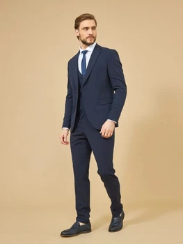 Ametlik Mehed 3 Tk Pulmad Sobiks Peigmehe Smoking Slim Fit Äri Ülikonnad, Tumesinine Pulm Kostüüm (Ülikond) Homme (Pintsak+Püksid+Vest) - Pilt 1  