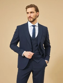Ametlik Mehed 3 Tk Pulmad Sobiks Peigmehe Smoking Slim Fit Äri Ülikonnad, Tumesinine Pulm Kostüüm (Ülikond) Homme (Pintsak+Püksid+Vest) - Pilt 2  