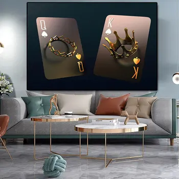 Abstraktne Kuldne Poker Kuningas Ja Kuninganna 3D Plakatid, Prindid Royal Crown Lõuendile Maali Seina Art Pilt elutuba Home Decor - Pilt 1  