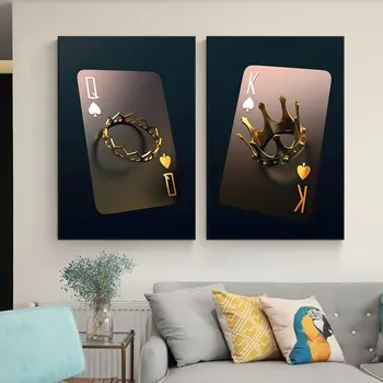 Abstraktne Kuldne Poker Kuningas Ja Kuninganna 3D Plakatid, Prindid Royal Crown Lõuendile Maali Seina Art Pilt elutuba Home Decor - Pilt 2  