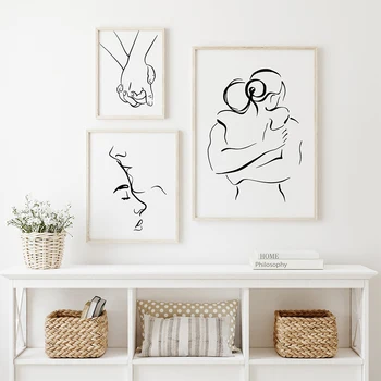 Paar Rida Plakat Romantiline Suudlemine Huging Lõuendile Maali Minimalistlik Kunst Prindi Must-Valge Seina Pilt Elutuba Home Decor - Pilt 1  