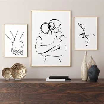 Paar Rida Plakat Romantiline Suudlemine Huging Lõuendile Maali Minimalistlik Kunst Prindi Must-Valge Seina Pilt Elutuba Home Decor - Pilt 2  