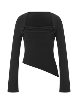 Naiste Pika Varrukaga T-Särgid Värviga Ruched Square Kaela Päevasärgid Kevadel Sügisel Slim Fit Tops Streetwear - Pilt 1  
