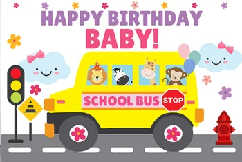 Tüdruk sünnipäevapidu Kooli Rattad Bussis Lapsed valgusfoori Loomade Fotograafia Baby Shower Taustaks Kollane Foto Taust - Pilt 2  
