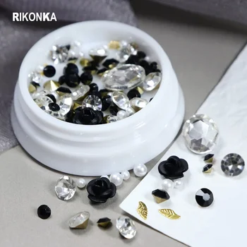 Black Rose Sulam Lill Metallist Ehted 3D Kristall Teemant Küünte Rhinestone Pearl Võlusid Osad Kit DIY poola Küüned Tarvikud - Pilt 1  