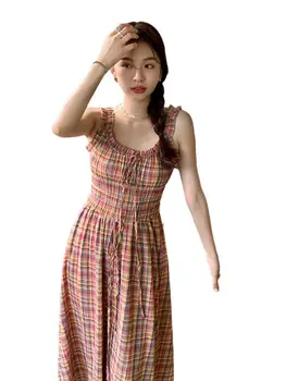 Bohemia Varrukateta Kleit Naiste Retros Vikerkaar Ruuduline kleit korea Stiilis Mood Vintage Armas kleit Daamid Harajuku Vabaaja Pakkumine - Pilt 1  