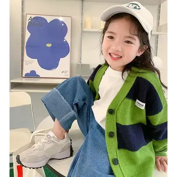 Tüdruk Peal Uus Kevad-Sügis Korea Fashion Stiilis Triibuline Kootud Pikad Varrukad Top Coat Beebi Tüdruk Kampsunid Laste Riided - Pilt 1  
