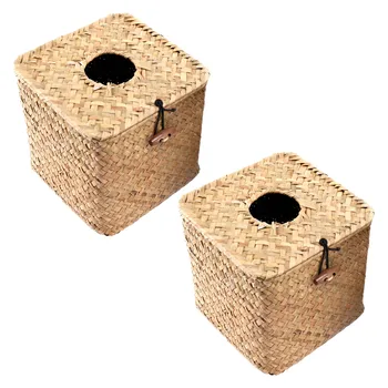 2 Pack Square Seagrass Näo Kudede Box - Kootud Dekoratiivne Paber Omanik Salvrätiku Dispenser - Õled Kudede Kasti Kaas - Pilt 1  