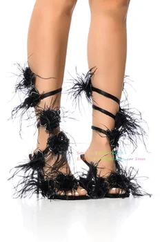 Must Rhinestone Lillega Kaunistatud Coil Sandaalid Naistele Satiin Square Varba Crystal Sulg Wrap Stiletto Heel Tõsta Kohta Sandaalid - Pilt 1  