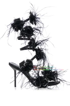 Must Rhinestone Lillega Kaunistatud Coil Sandaalid Naistele Satiin Square Varba Crystal Sulg Wrap Stiletto Heel Tõsta Kohta Sandaalid - Pilt 2  