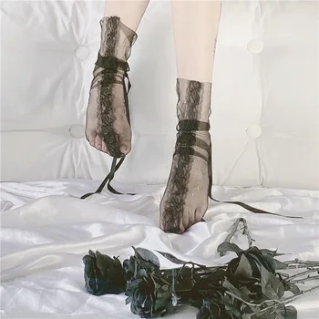 Seksikas Pits Sokid Naiste Läbipaistev Võrgusilma Ultra-Õhuke Vibu Armas Sokid Daamid Mood Lolita Uus Must Valged Sokid Naistele - Pilt 2  