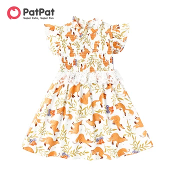 PatPat Väikelapse Girl Kleidid 100% Puuvill Allover Fox Print Laperdus-varruka Pits Detail Kroogitud Kleit - Pilt 1  