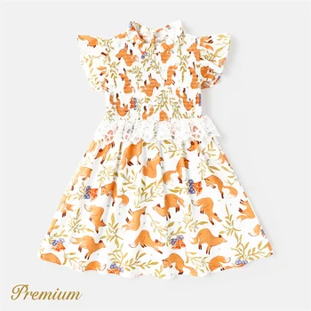 PatPat Väikelapse Girl Kleidid 100% Puuvill Allover Fox Print Laperdus-varruka Pits Detail Kroogitud Kleit - Pilt 2  