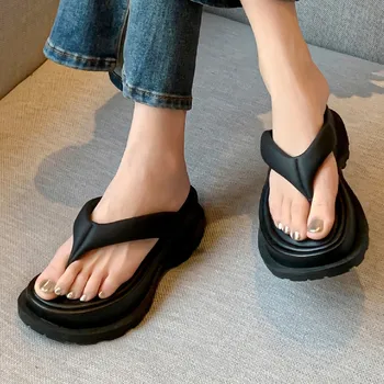 Naiste sandaalid suvel 2023 sheebpskin paks tald, platvorm flars flip-flop sussid kõrge kvaliteediga jalatseid pehme comortable kingad kuum - Pilt 2  
