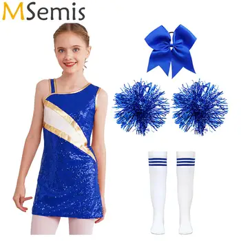 Lapsed Tüdrukud Cheerleading Tantsu Kostüüm Litrid Kleit 1tk Bowknot Peakatet 1 Paar Triibulisi Sokke 2tk Tutt Käsi Lilled - Pilt 1  