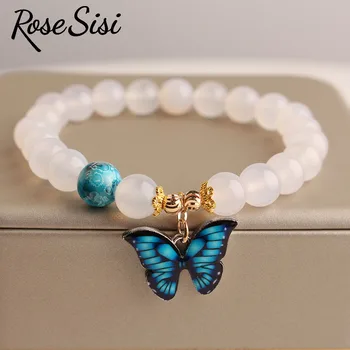 Roosi sisi korea uue reisi ehted naistele värske butterfly pendant helmed käevõru naistele elastne kingitus tüdruk käevõrud - Pilt 2  