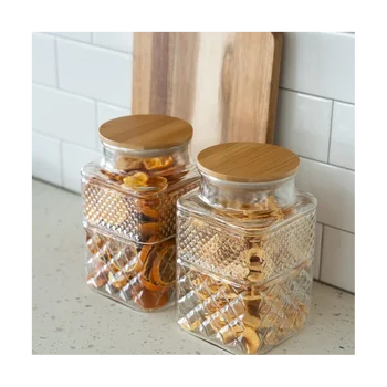 2TK Square Klaasist Purgid Bambuse Kaanega Kohvi Suhkru Pasta Tee Suupiste Pähklid Cookie Jar koos Õhukindlas Kaaned - Pilt 2  