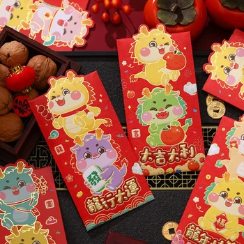 6TK Hiina Uue Aasta Punane Ümbrik 2024 Õnnelik Draakon Raha Taskus Ümbrik Zodiac Dragon Red Pocket Uus Aasta Tarnete Hongbao - Pilt 2  