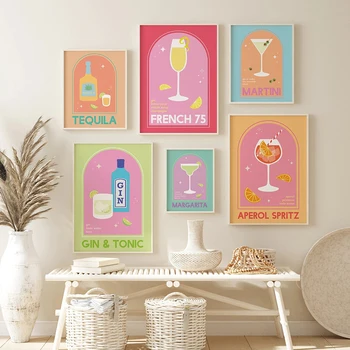 Kaasaegne Kokteil Plakat Martini Tequila Gin ja Toonik Print Lõuend Galerii Seina Värvikas Cartoon Likööri Jooma Baar, Köök Decor - Pilt 1  