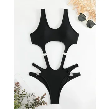 Õõnes Välja Ühes Tükis Ujumistrikoo Naistele 2024 uus Must Bikini Sexy Kõrge Vöökoht Ujumisriided, U-kael Päitsed Backless Monokini Beachwear - Pilt 2  