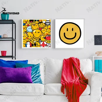 Armas Kollane Naeratav Nägu Seina Art Lõuend Plakatid ja Pildid Nordic Fashion Style Pilte elutuba Kids Room Home Decor - Pilt 1  