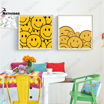 Armas Kollane Naeratav Nägu Seina Art Lõuend Plakatid ja Pildid Nordic Fashion Style Pilte elutuba Kids Room Home Decor - Pilt 2  