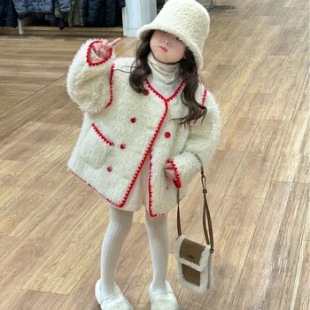 Tüdruk Mantlid 2023 Talvel Uute Laste Kanda Korea Stiilis Laste Kulumise Tüdruk Disaini Mõttes Wooly Riietus Punane Ääris Aasta Riided - Pilt 1  