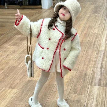 Tüdruk Mantlid 2023 Talvel Uute Laste Kanda Korea Stiilis Laste Kulumise Tüdruk Disaini Mõttes Wooly Riietus Punane Ääris Aasta Riided - Pilt 2  
