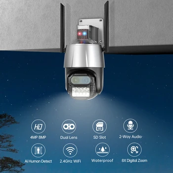 4MP ICSee Dual Lens, WIFI, Kaamera Väljas 8X Digital Zoom CCTV Turvalisus Kaitse Järelevalve Traadita IP Kaamera Veekindel - Pilt 2  
