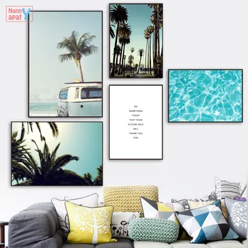 Põhjamaade Seascape Plakat Palmi Puud Auto Beach Sulin Vees Hinnapakkumisi Seina Art Lõuend Maali Trükitud Pildid Elutuba Decor - Pilt 1  