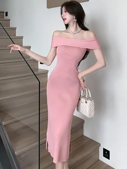 Naiste Roosa Kootud Maha Õla Seksikas Pikk Kleit Suveks Elegantne Bodycon Ruffled Kleit 2023 Korea Vintage Hepburn Must Vestidos - Pilt 1  