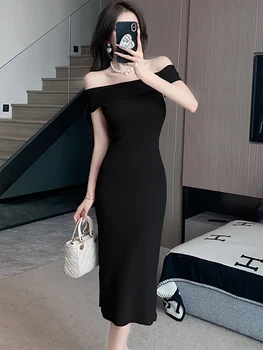 Naiste Roosa Kootud Maha Õla Seksikas Pikk Kleit Suveks Elegantne Bodycon Ruffled Kleit 2023 Korea Vintage Hepburn Must Vestidos - Pilt 2  