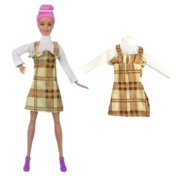 Fashion Doll Riided Set Vabaajarõivaste Barbie Nukk Valge Baasi & Khaki Ruuduline Suspender Seelik Varustus 1/6 Nukud, Aksessuaarid - Pilt 1  