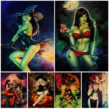 Sexy Halloween Witch Vintage Seina Art Lõuend Ilus Nõiad, Vampiirid Ja Deemonid, Plakat Ja Print Kodu Kaunistamiseks Raamimata - Pilt 1  